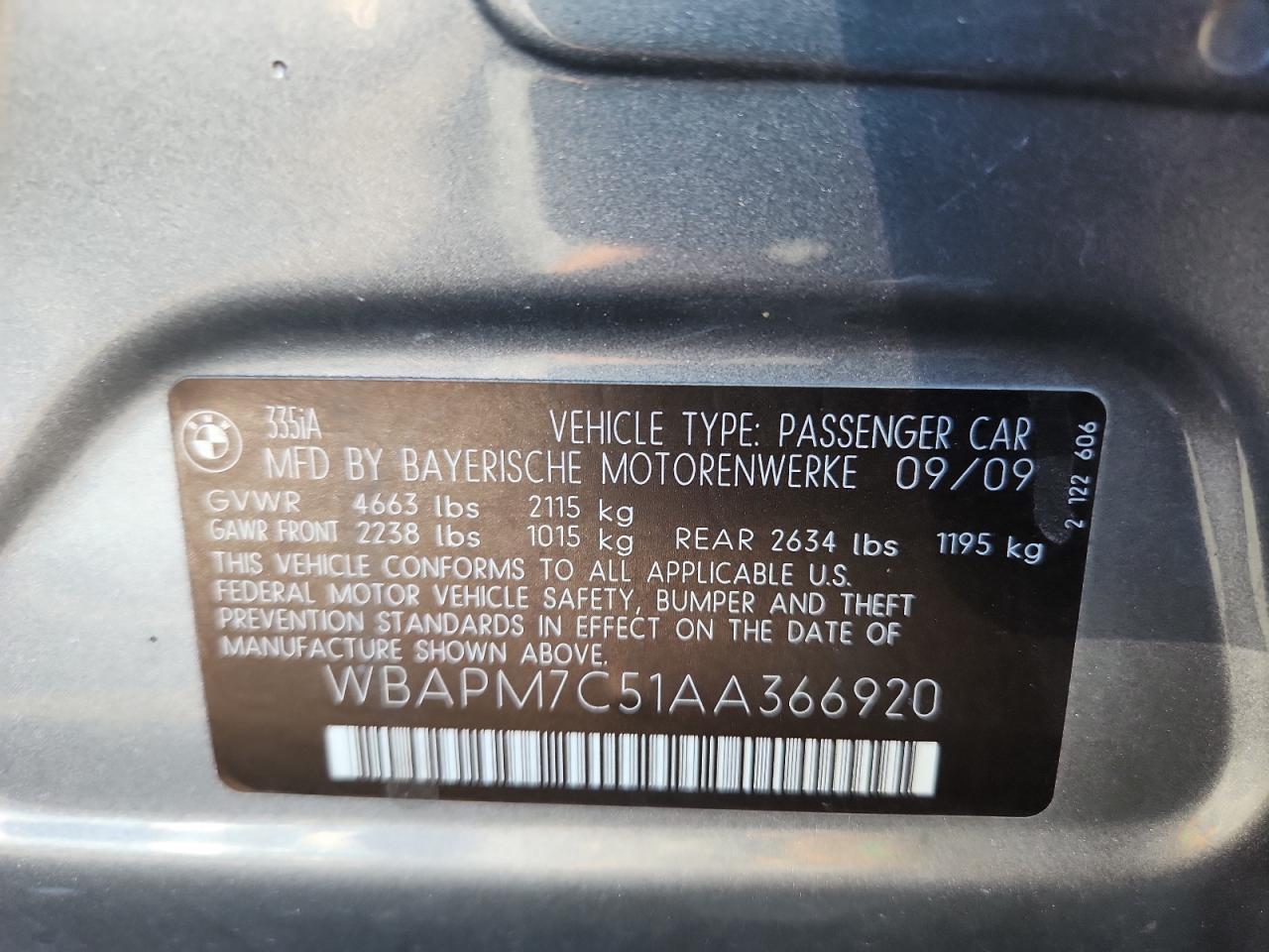 2010 BMW 335 I VIN: WBAPM7C51AA366920 Lot: 84803185