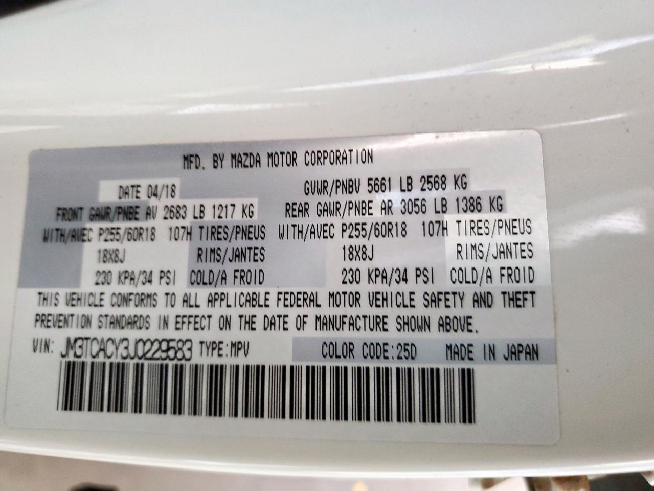 2018 Mazda Cx-9 Touring VIN: JM3TCACY3J0229583 Lot: 80212965