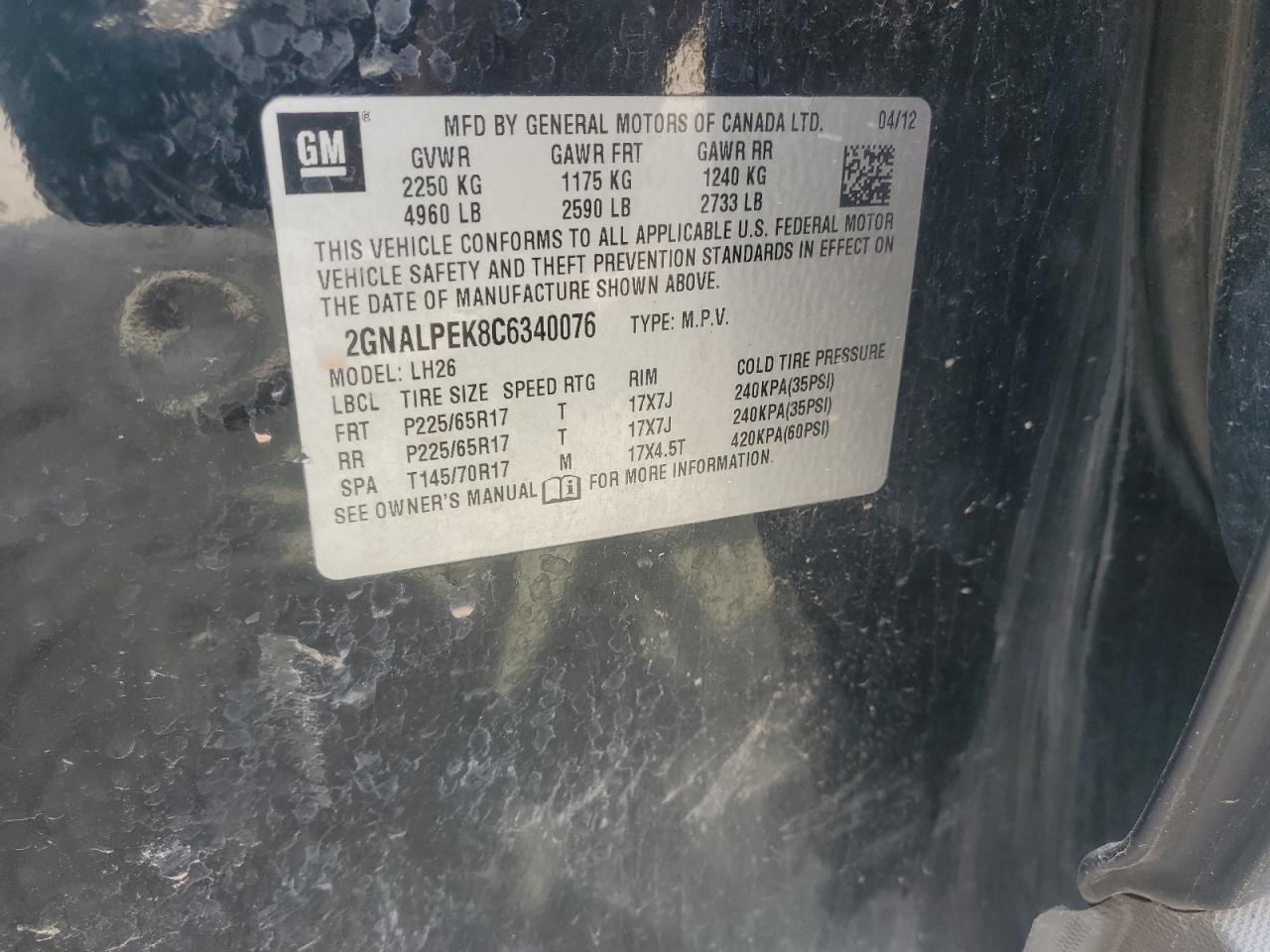 2012 Chevrolet Equinox Lt VIN: 2GNALPEK8C6340076 Lot: 80365365