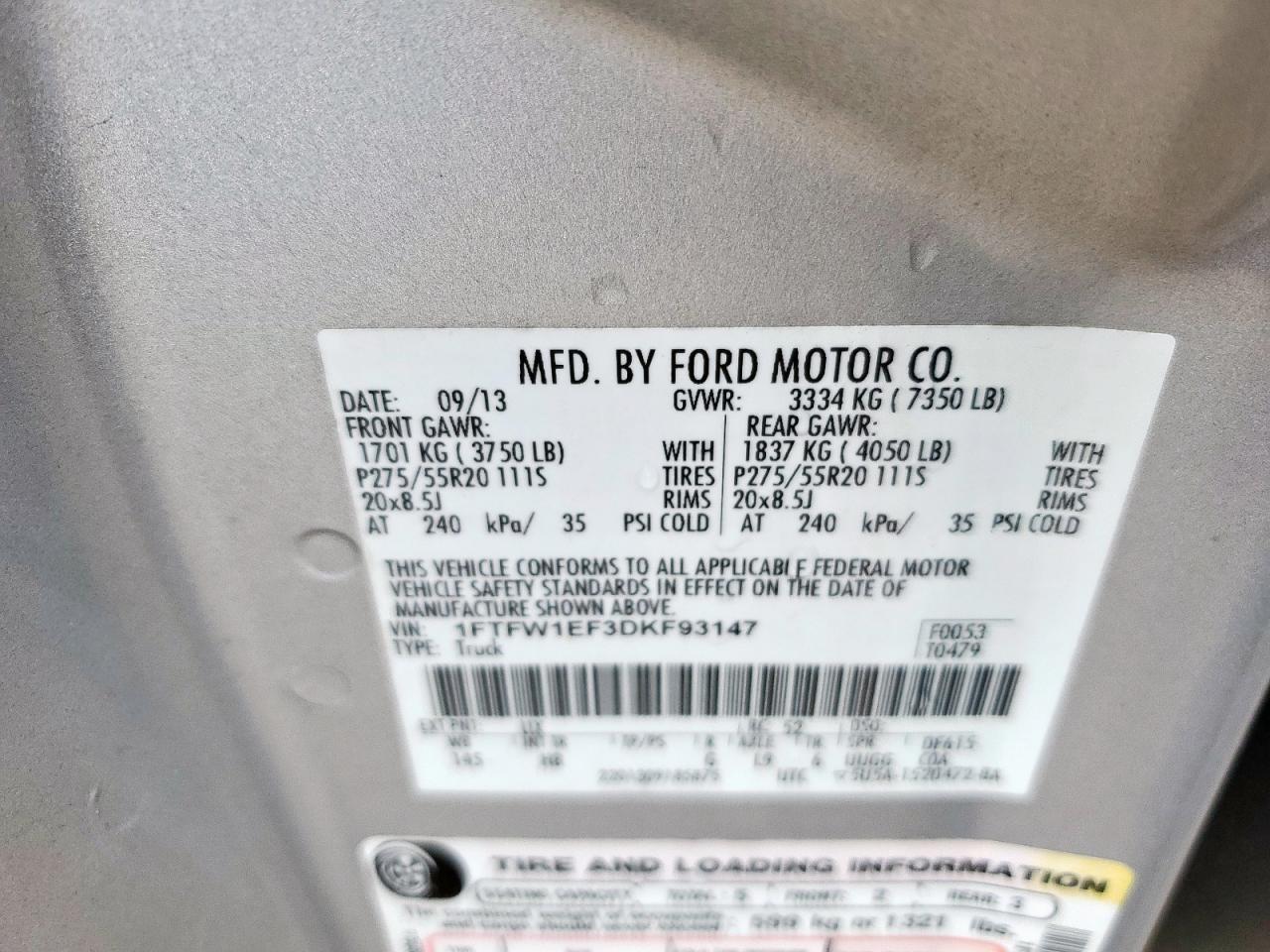 2013 Ford F150 Supercrew VIN: 1FTFW1EF3DKF93147 Lot: 82050395