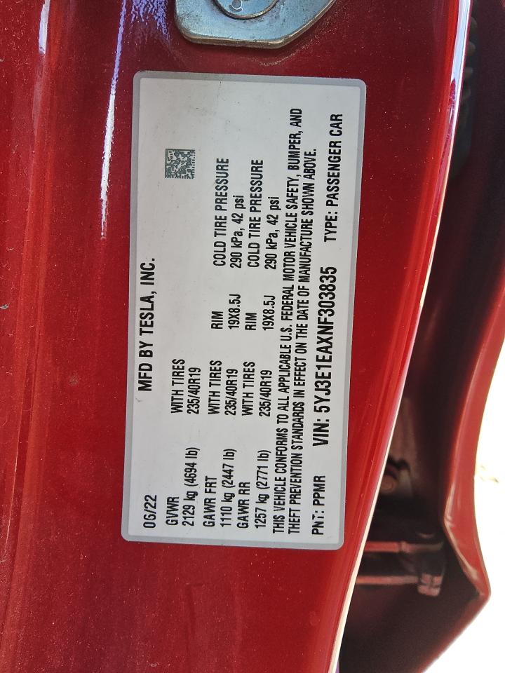 2022 Tesla Model 3 VIN: 5YJ3E1EAXNF303835 Lot: 82112405