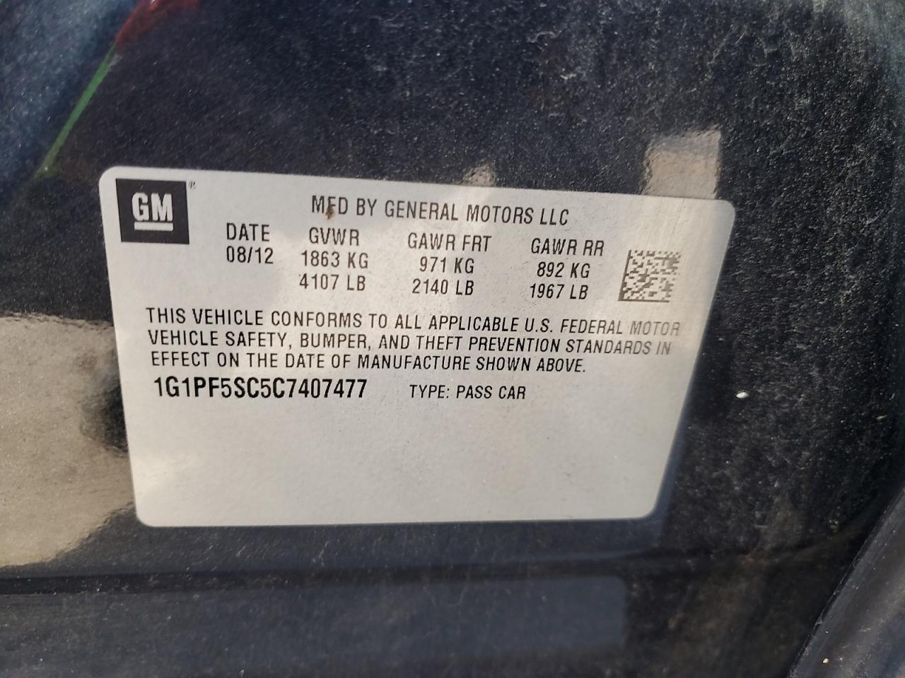 2012 Chevrolet Cruze Lt VIN: 1G1PF5SC5C7407477 Lot: 80631105