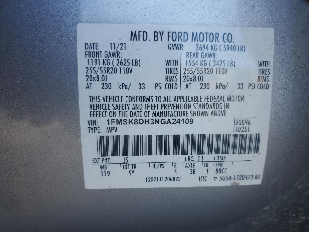 2022 Ford Explorer Xlt VIN: 1FMSK8DH3NGA24109 Lot: 80381125