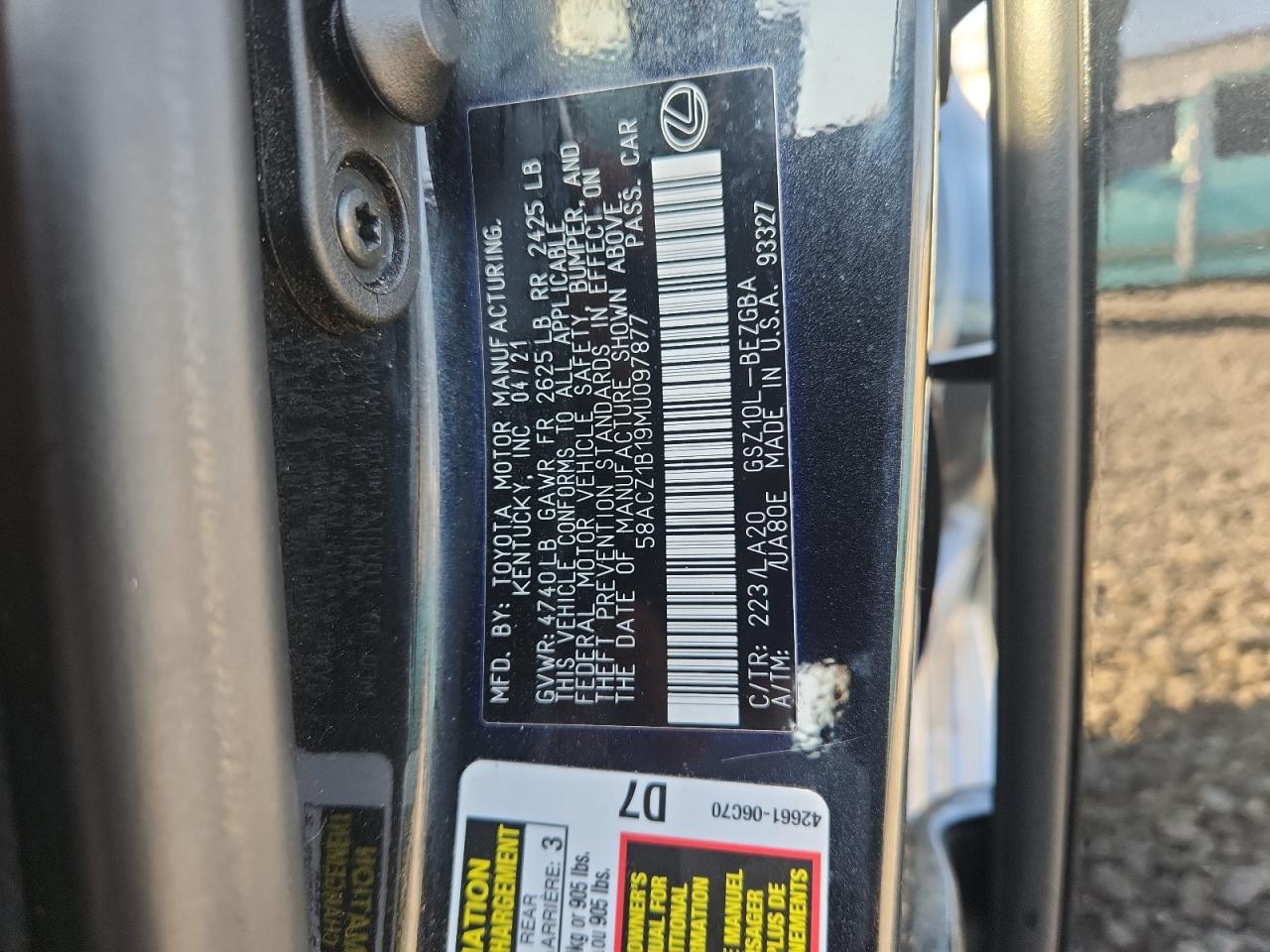 2021 Lexus Es 350 Base VIN: 58ACZ1B19MU097877 Lot: 82027835