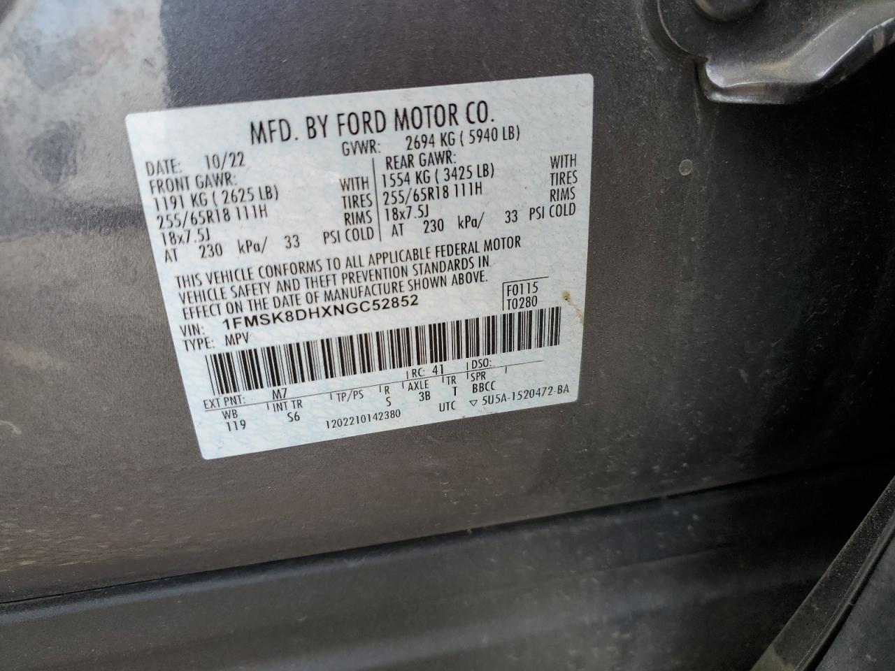 2022 Ford Explorer Xlt VIN: 1FMSK8DHXNGC52852 Lot: 71209525