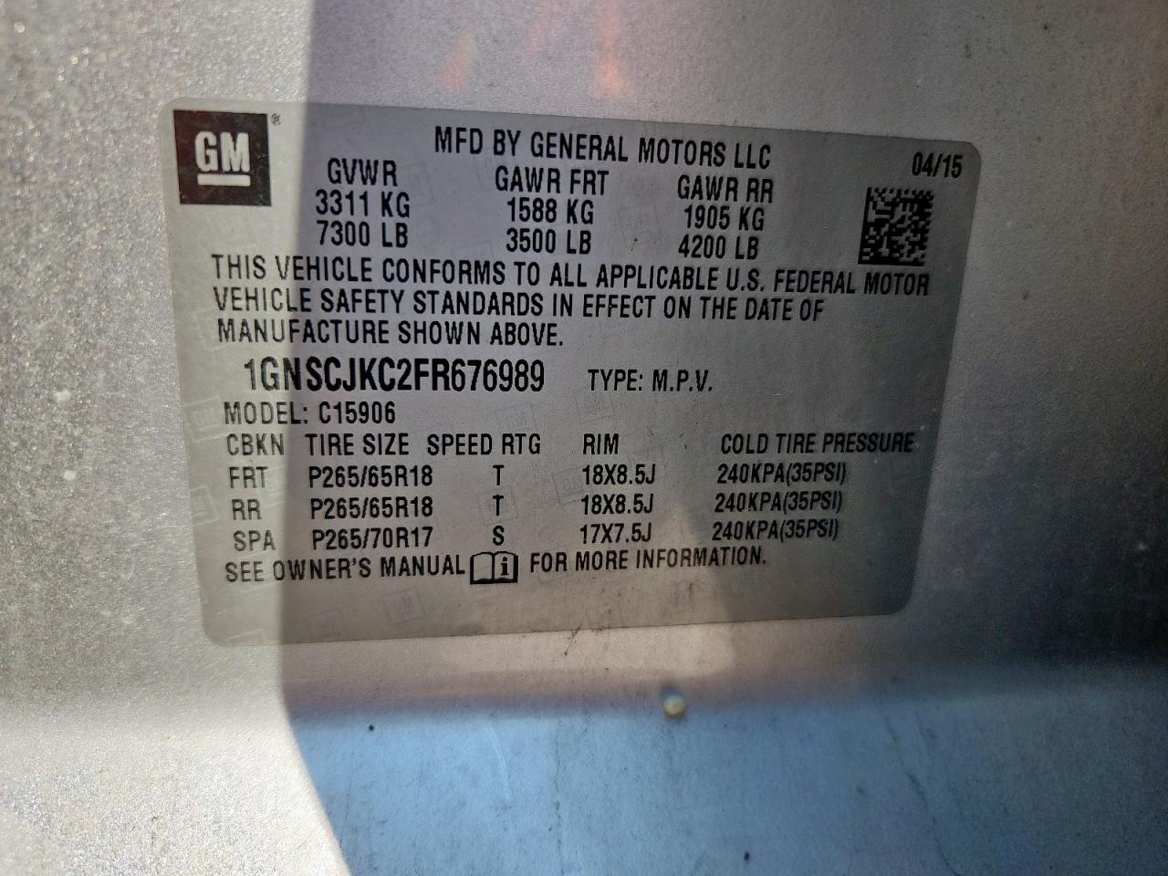 2015 Chevrolet Suburban C1500 Lt VIN: 1GNSCJKC2FR676989 Lot: 69505875