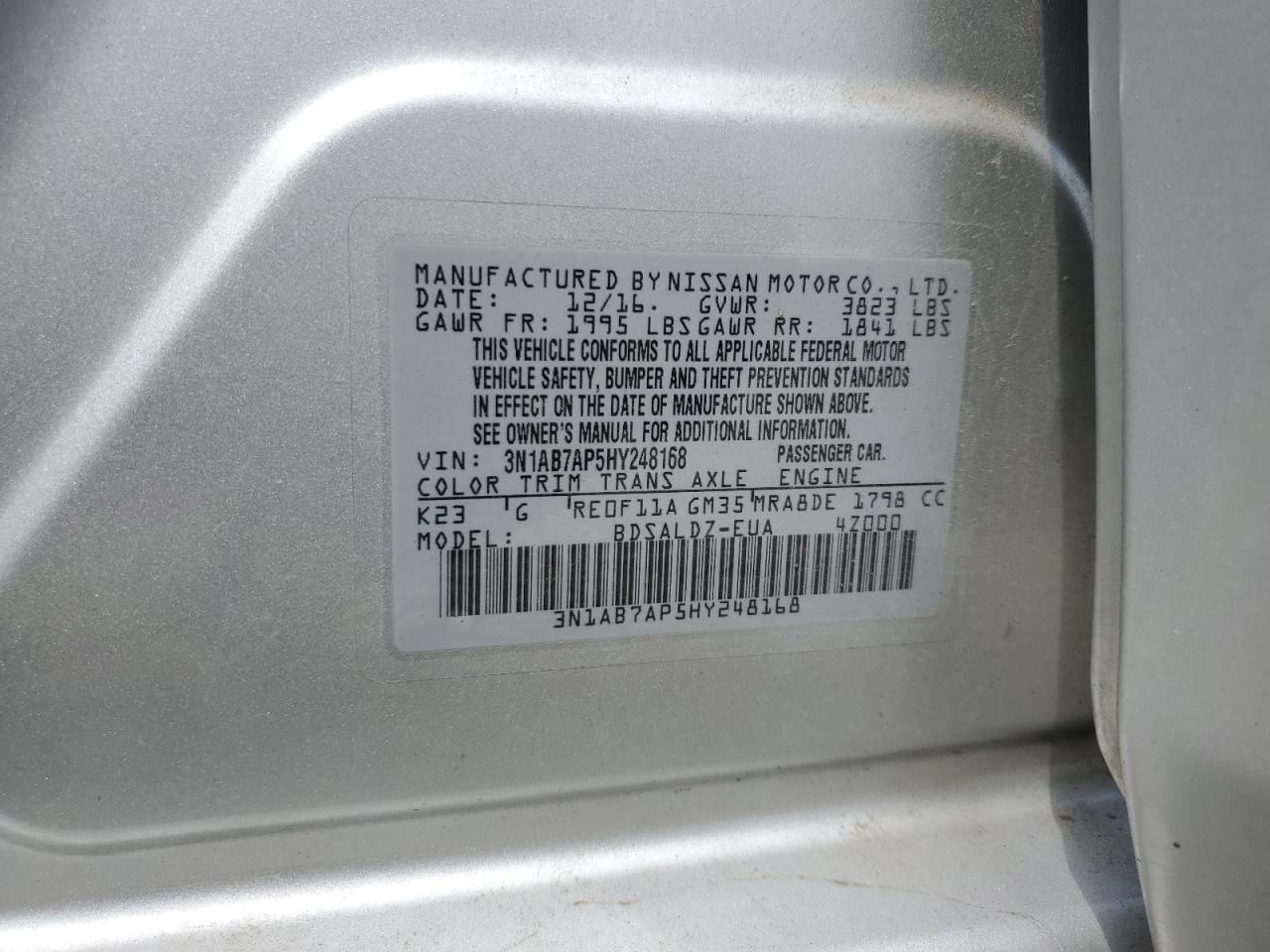 2017 Nissan Sentra S VIN: 3N1AB7AP5HY248168 Lot: 80208955