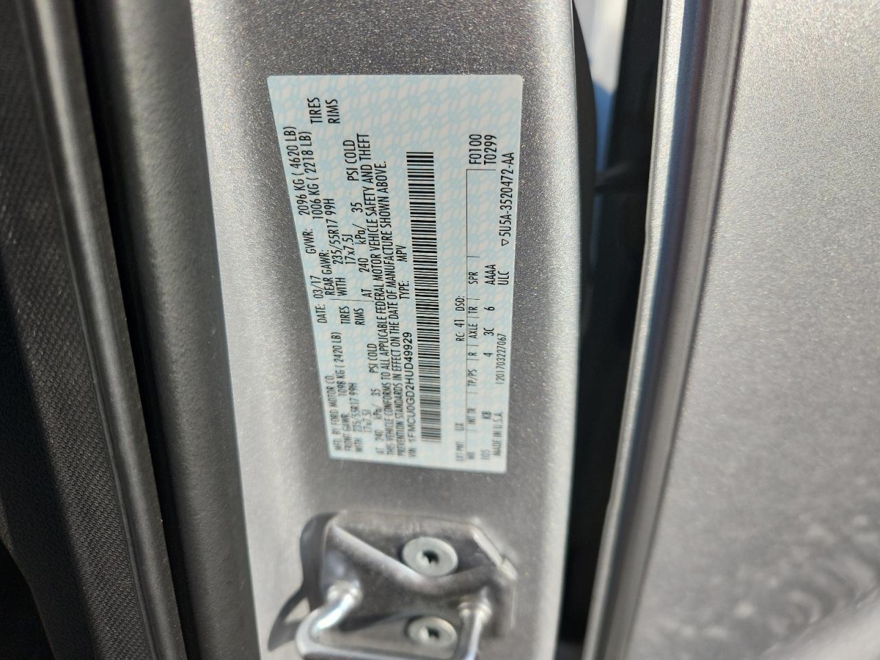 2017 Ford Escape Se VIN: 1FMCU0GD2HUD49929 Lot: 81189005