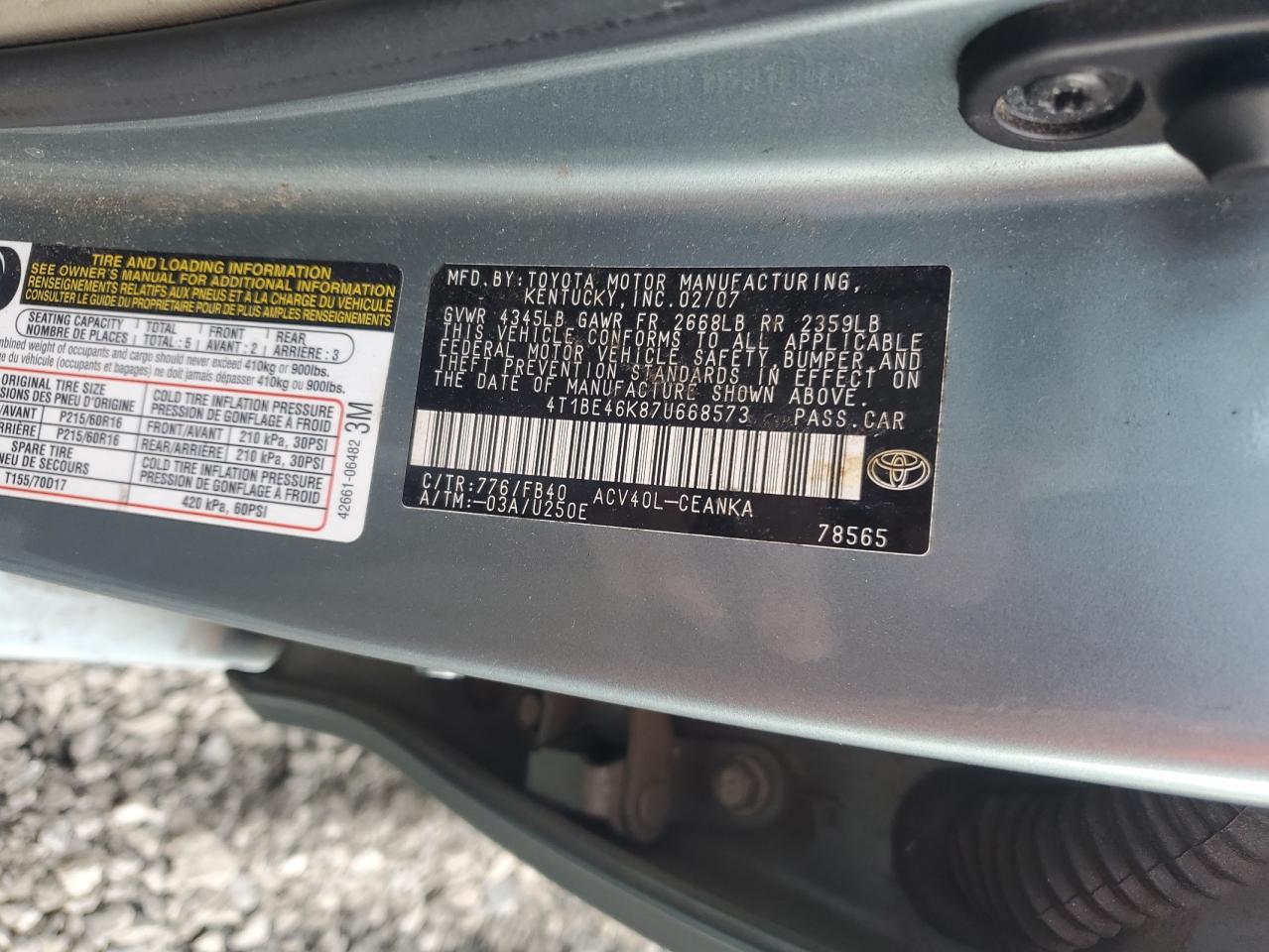 2007 Toyota Camry Ce VIN: 4T1BE46K87U668573 Lot: 81012465