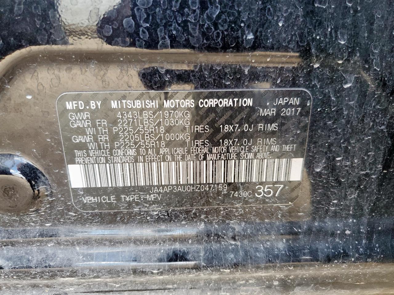 2017 Mitsubishi Outlander Sport Es VIN: JA4AP3AU0HZ047159 Lot: 81791645