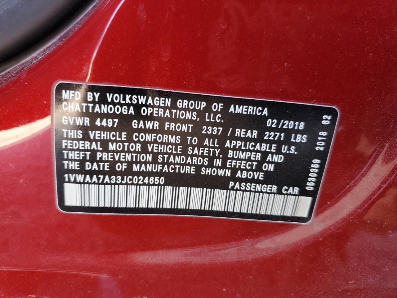 2018 Volkswagen Passat S VIN: 1VWAA7A33JC024650 Lot: 83993795