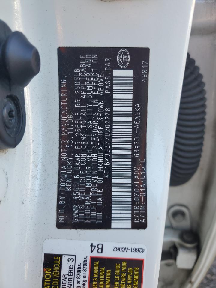 2007 Toyota Avalon Xl VIN: 4T1BK36B77U202278 Lot: 81873045