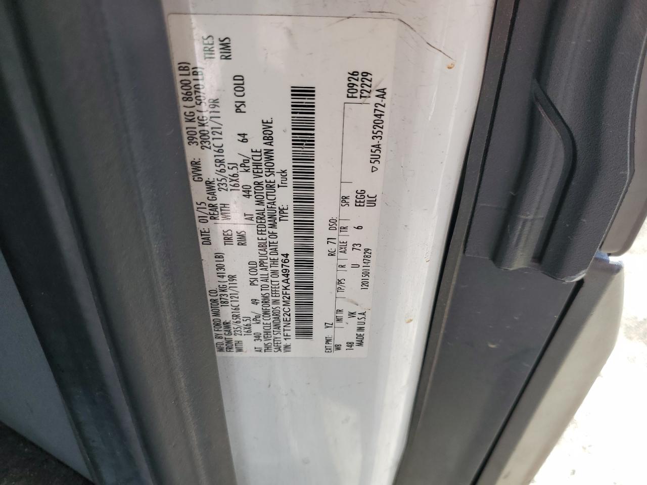 2015 Ford Transit T-150 VIN: 1FTNE2CM2FKA49764 Lot: 71306575