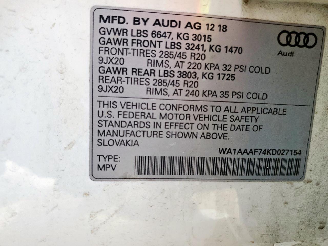 2019 Audi Q7 Premium VIN: WA1AAAF74KD027154 Lot: 80539995