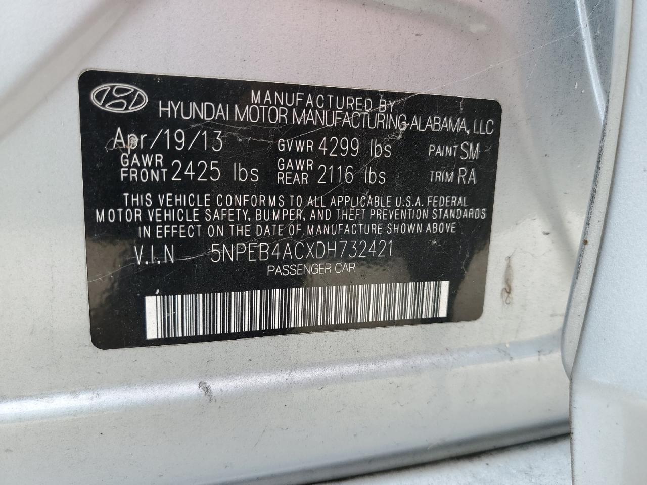 2013 Hyundai Sonata Gls VIN: 5NPEB4ACXDH73242 Lot: 80307125