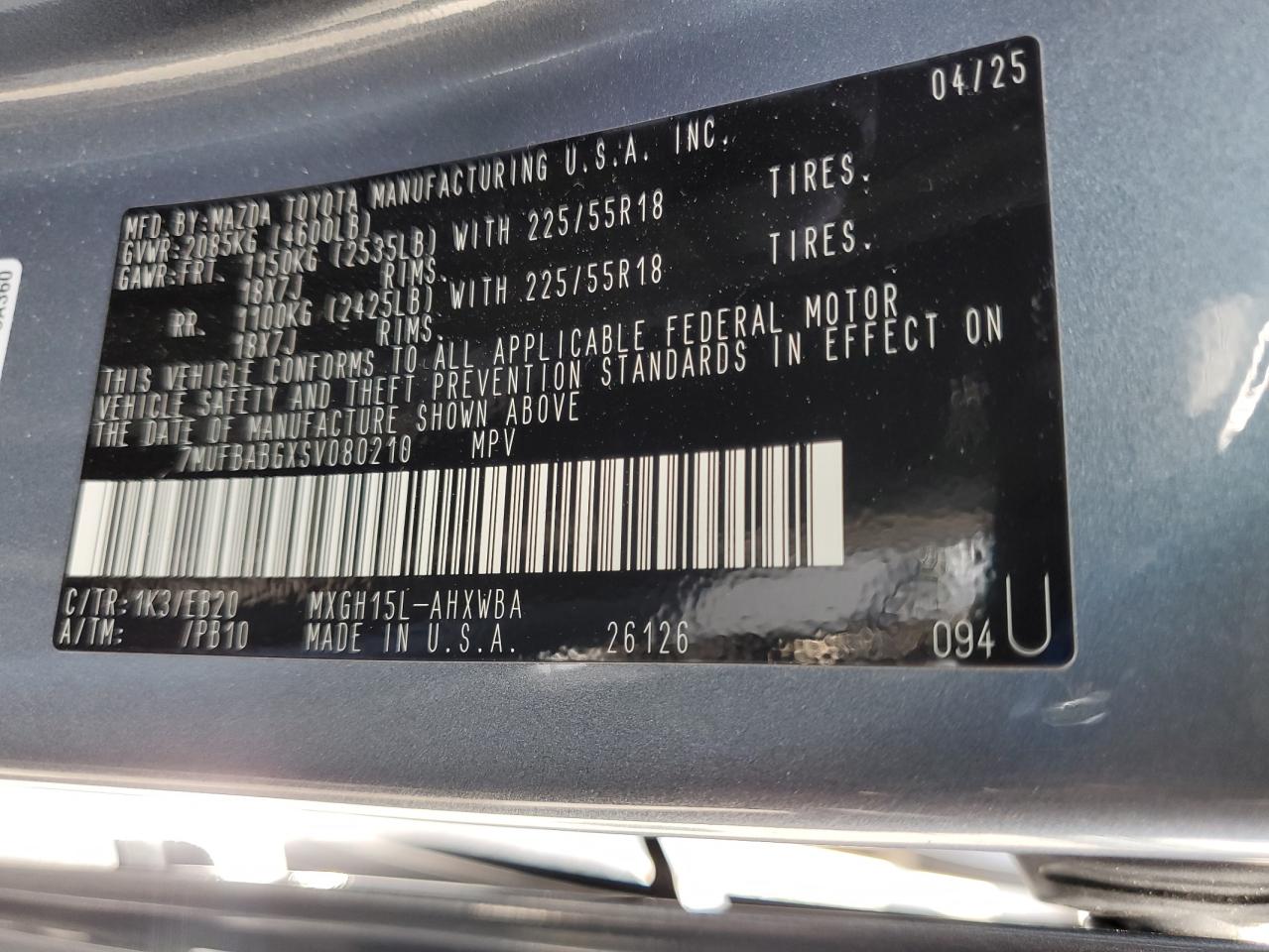 2025 Toyota Corolla Cross Se VIN: 7MUFBABGXSV080210 Lot: 72042545