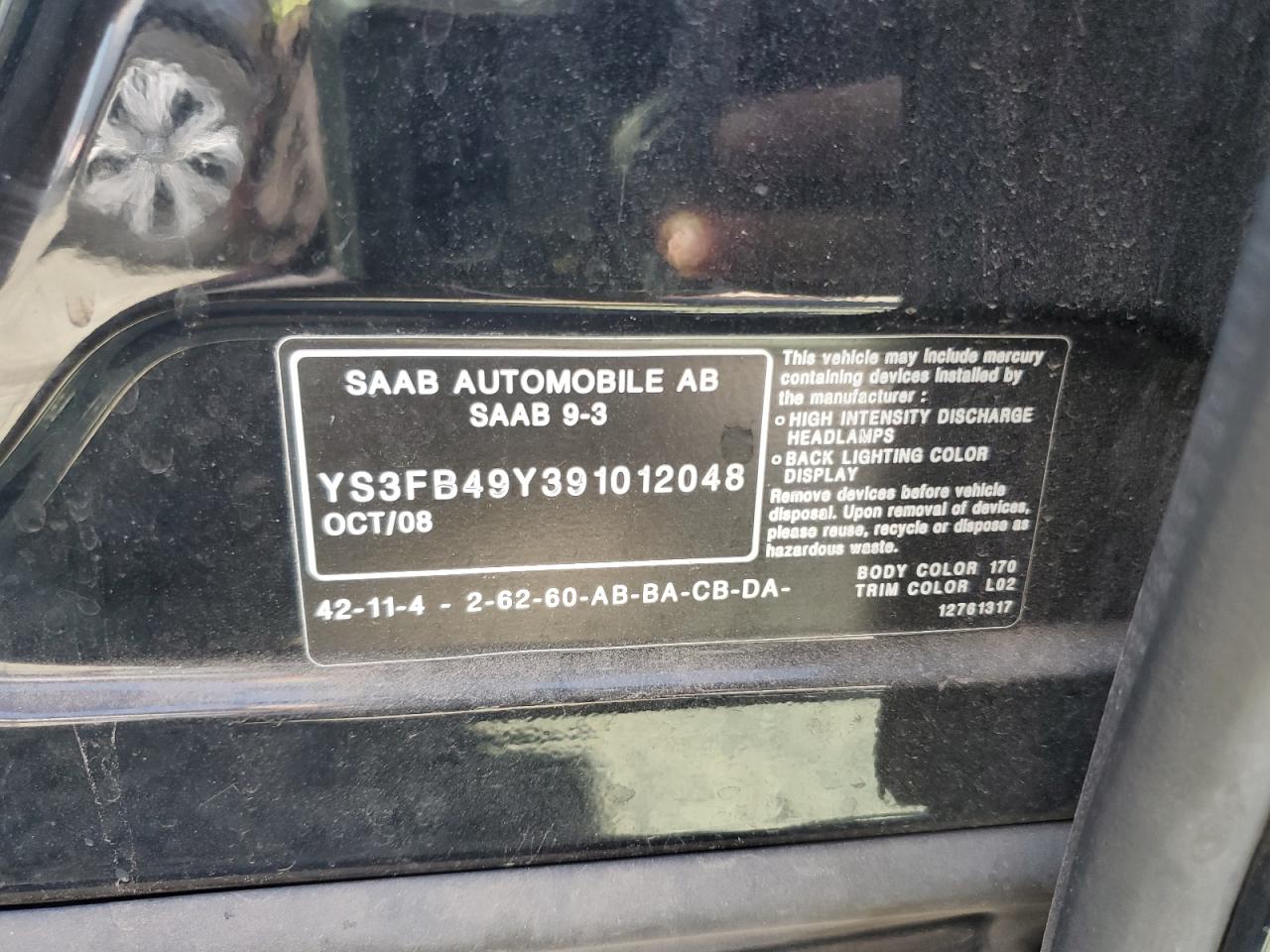 2009 Saab 9-3 2.0T VIN: YS3FB49Y391012048 Lot: 83986415