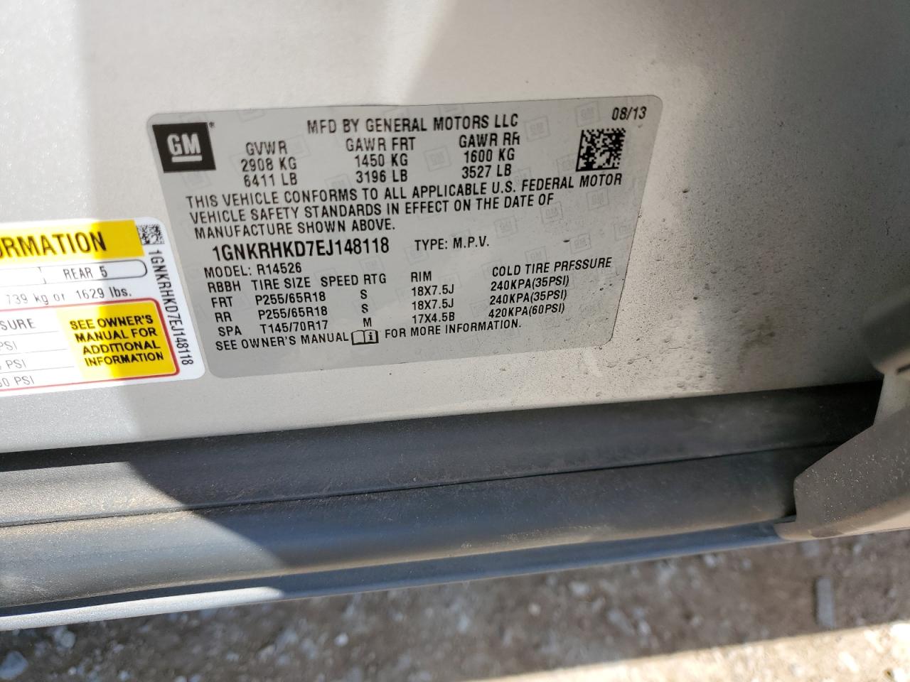 2014 Chevrolet Traverse Lt VIN: 1GNKRHKD7EJ148118 Lot: 81615025