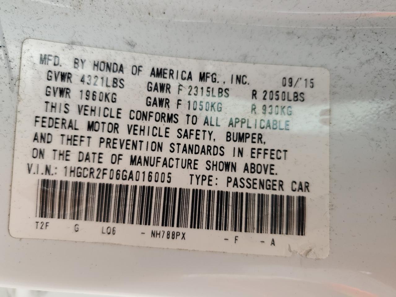 2016 Honda Accord Ex VIN: 1HGCR2F06GA016005 Lot: 80202525