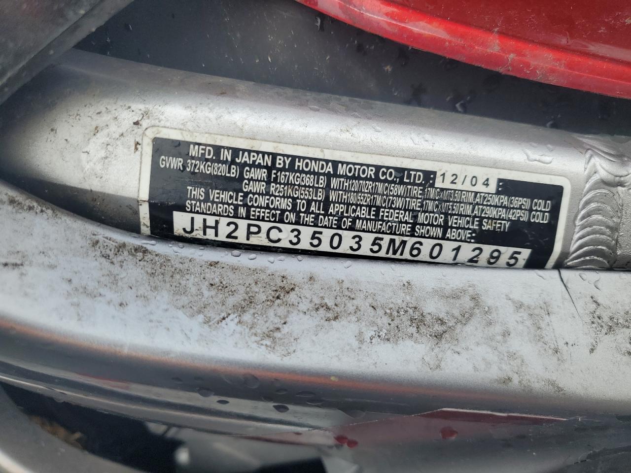 2005 Honda Cbr600 F4 VIN: JH2PC35035M601295 Lot: 83779245