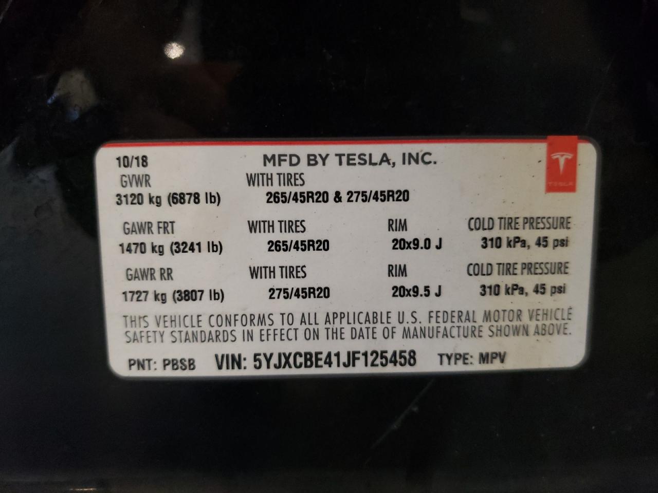 2018 Tesla Model X VIN: 5YJXCBE41JF125458 Lot: 81709185