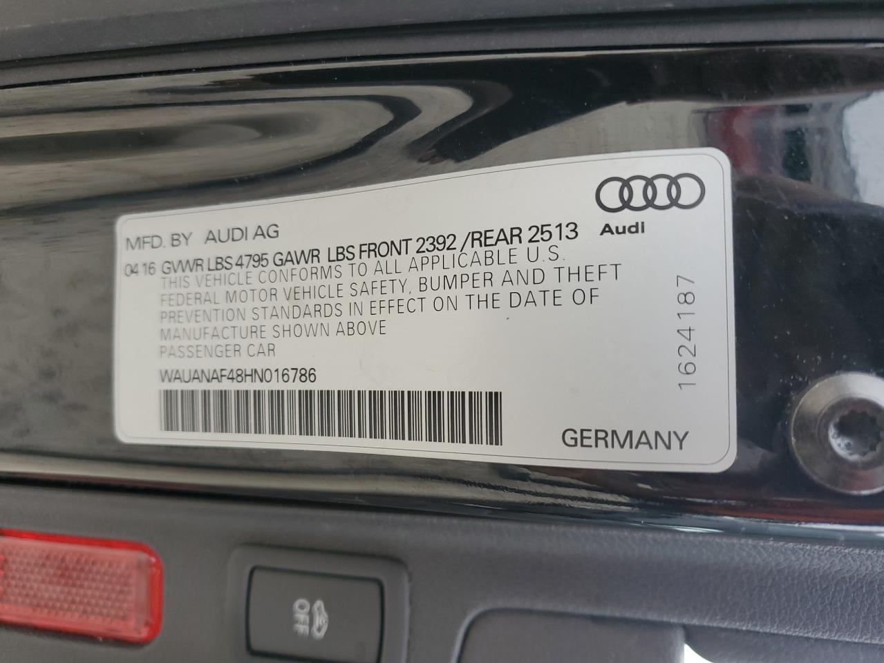 2017 Audi A4 Premium VIN: WAUANAF48HN016786 Lot: 81457385