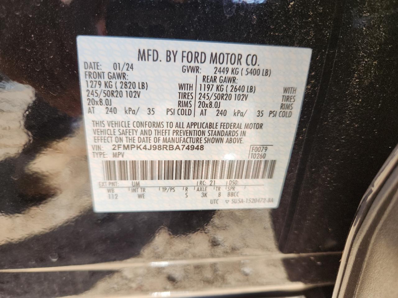 2024 Ford Edge Sel VIN: 2FMPK4J98RBA74948 Lot: 71916585