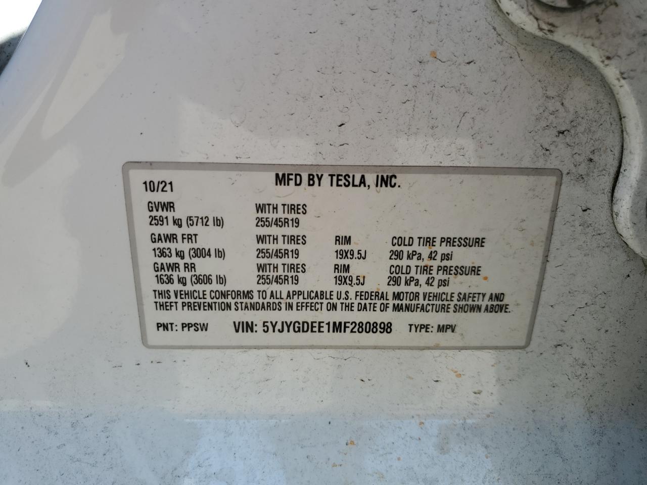 2021 Tesla Model Y VIN: 5YJYGDEE1MF280898 Lot: 82109825