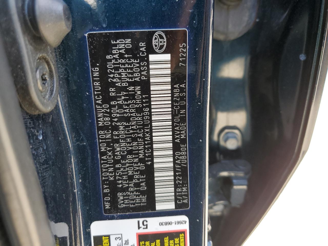 2020 Toyota Camry Le VIN: 4T1C11AKXLU996111 Lot: 81195235