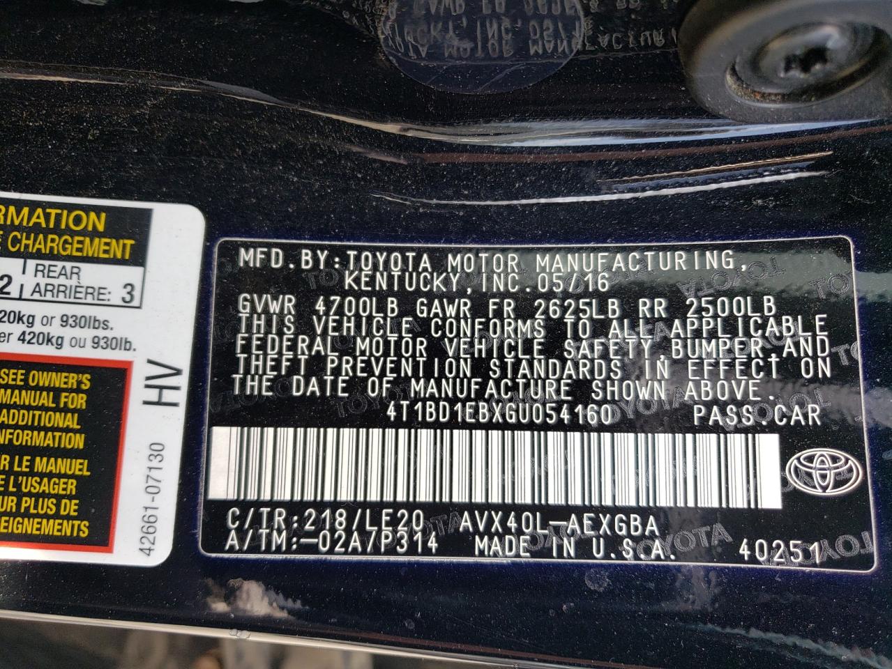 2016 Toyota Avalon Hybrid VIN: 4T1BD1EBXGU054160 Lot: 80434185