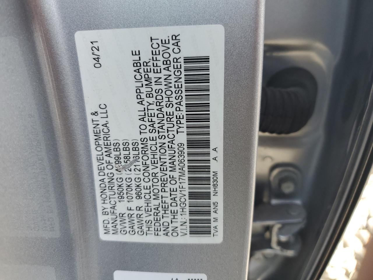 2021 Honda Accord Lx VIN: 1HGCV1F17MA063909 Lot: 81273835