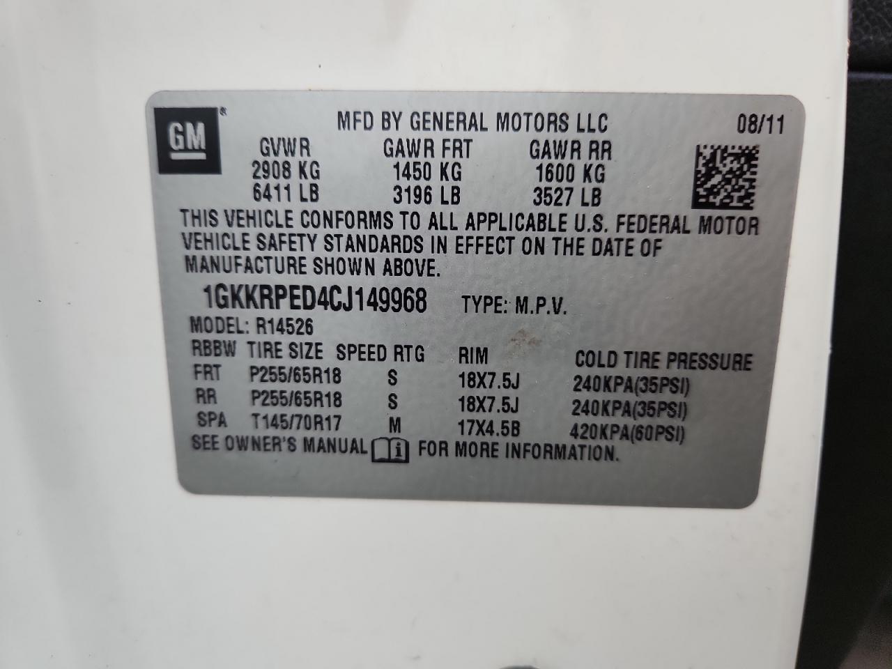 2012 GMC Acadia Sle VIN: 1GKKRPED4CJ149968 Lot: 81810965