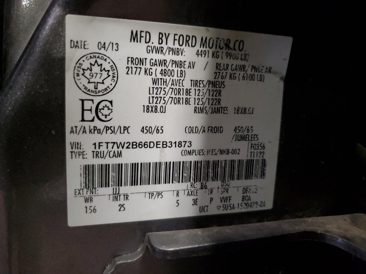 2013 Ford F250 Super Duty VIN: 1FT7W2B66DEB31873 Lot: 84417185