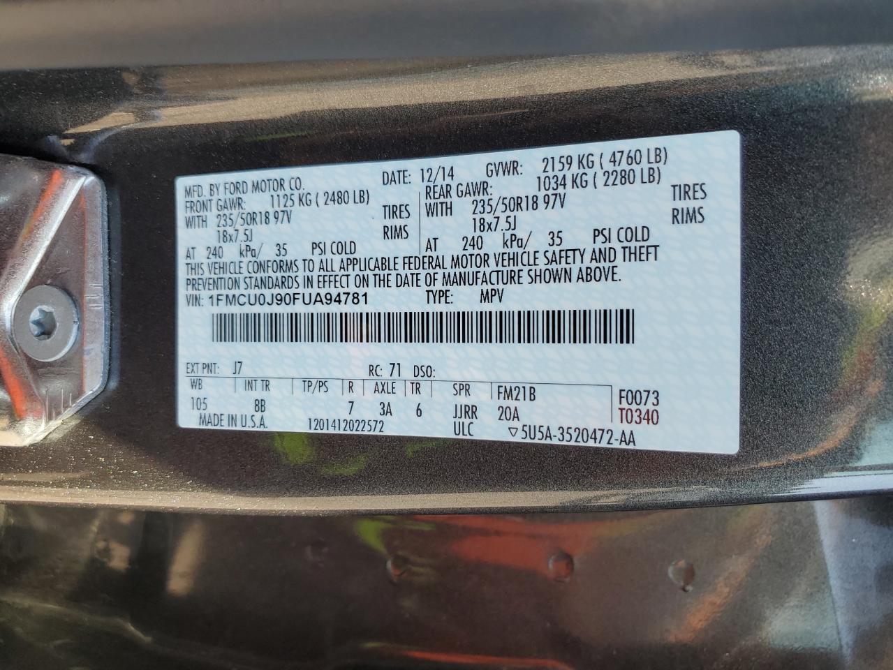 2015 Ford Escape Titanium VIN: 1FMCU0J90FUA94781 Lot: 83843915