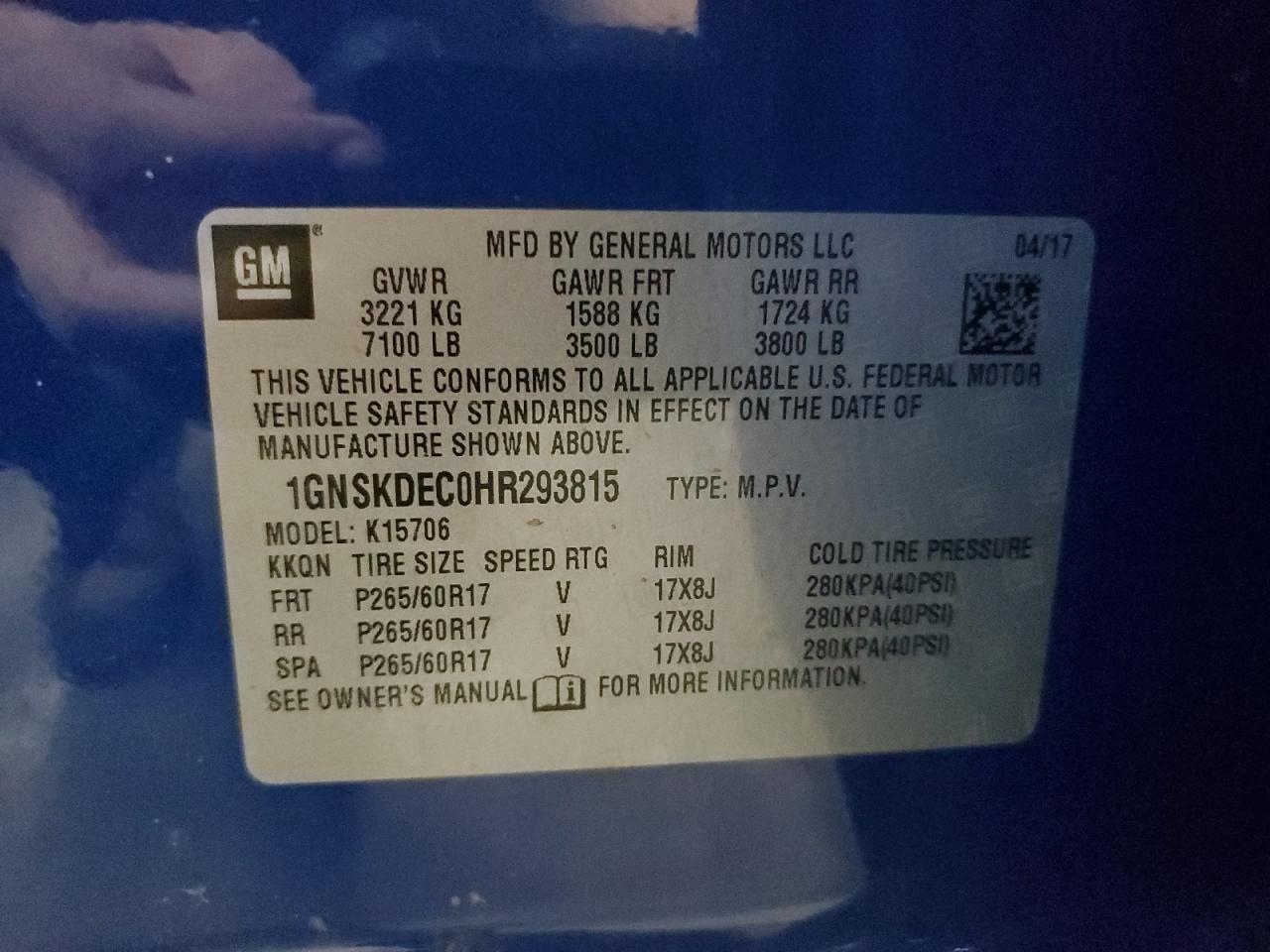 2017 Chevrolet Tahoe Police VIN: 1GNSKDEC0HR293815 Lot: 82063135