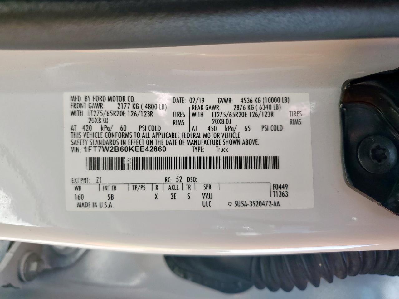 2019 Ford F250 Super Duty VIN: 1FT7W2B60KEE42860 Lot: 81756355