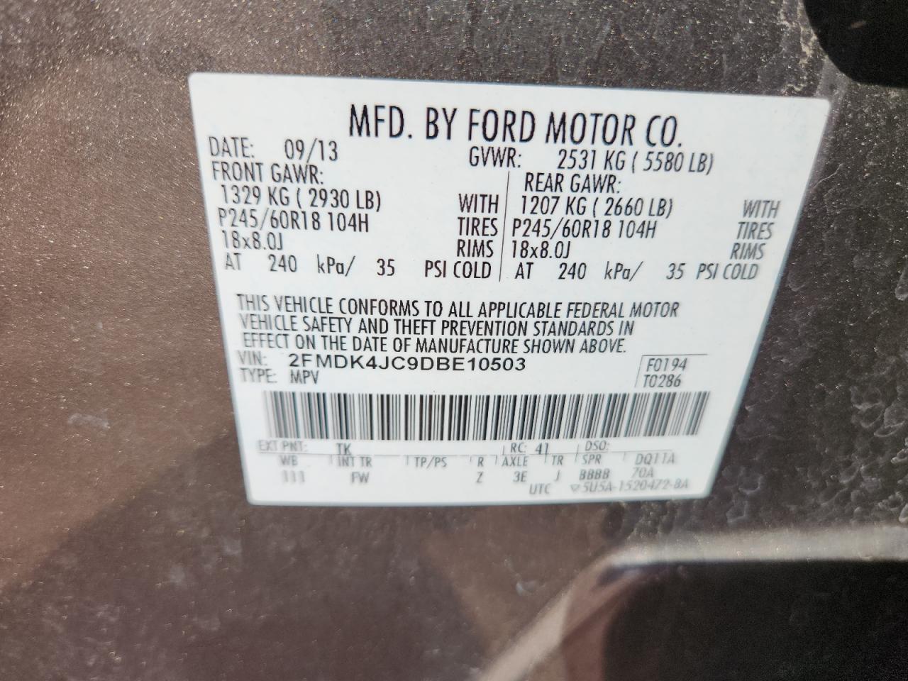 2013 Ford Edge Sel VIN: 2FMDK4JC9DBE10503 Lot: 71305155