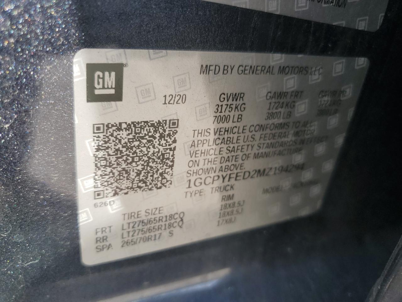 2021 Chevrolet Silverado K1500 Lt Trail Boss VIN: 1GCPYFED2MZ194294 Lot: 70898445