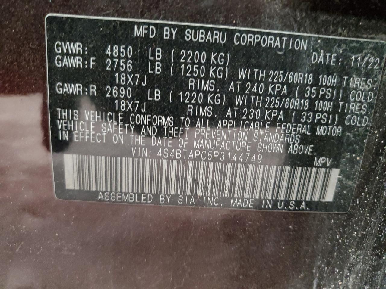 2023 Subaru Outback Touring VIN: 4S4BTAPC5P3144749 Lot: 81197285