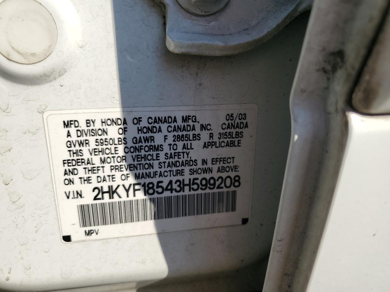 2003 Honda Pilot Exl VIN: 2HKYF18543H599208 Lot: 81228205