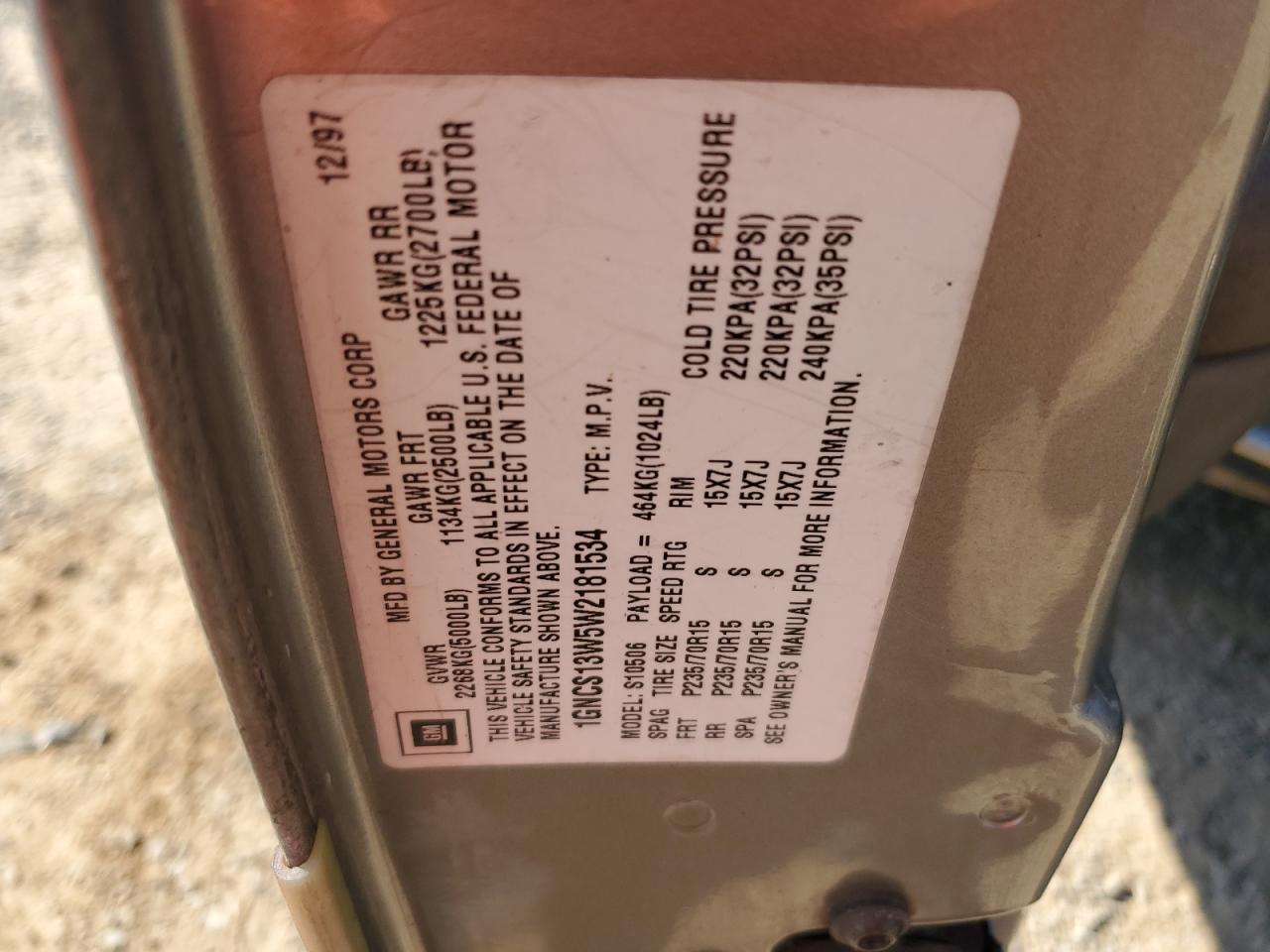 1998 Chevrolet Blazer VIN: 1GNCS13W5W2181534 Lot: 80191735