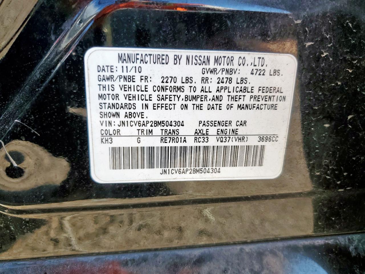 2011 Infiniti G37 Base VIN: JN1CV6AP2BM504304 Lot: 83857015