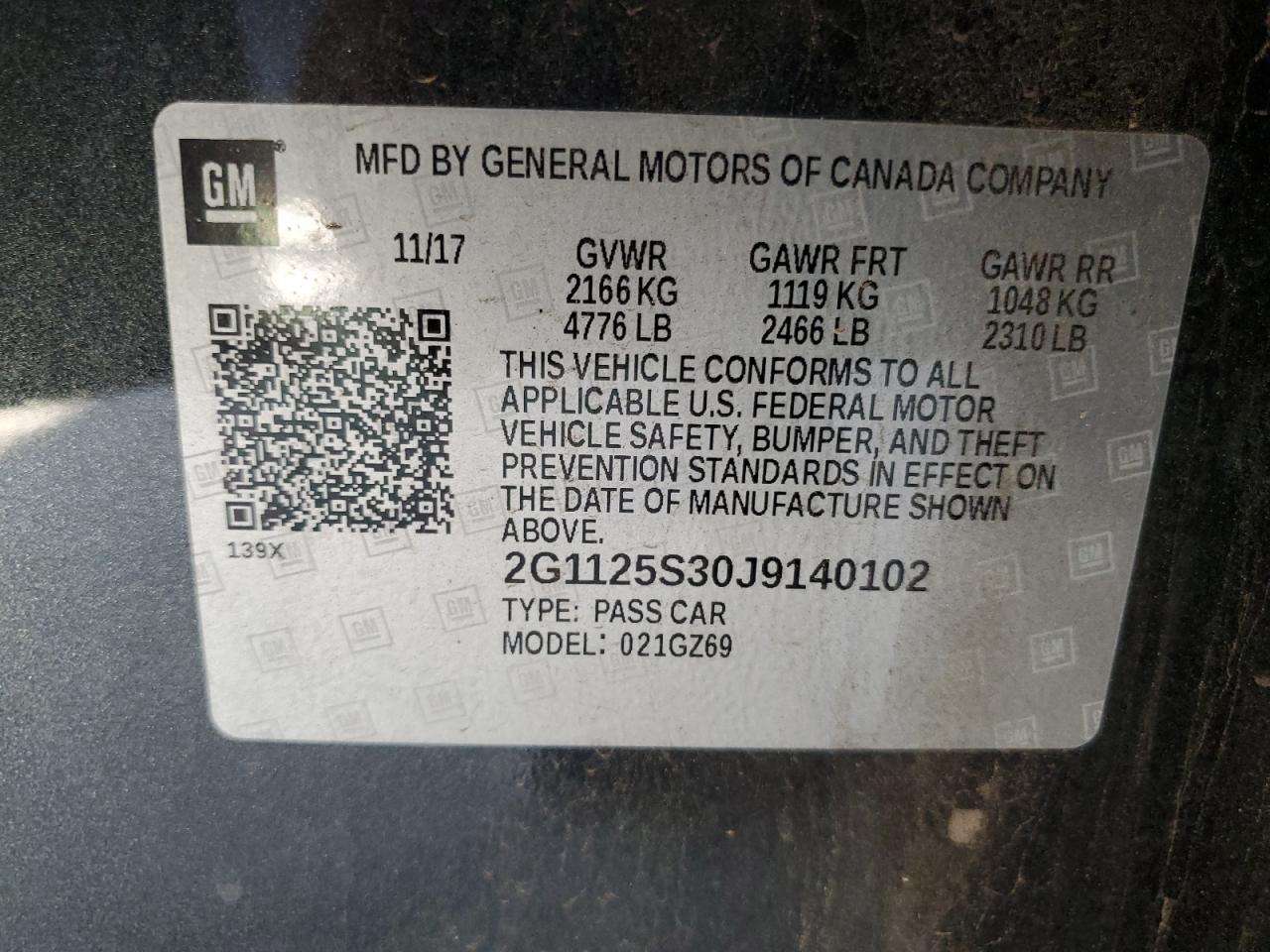 2018 Chevrolet Impala Premier VIN: 2G1125S30J9140102 Lot: 84181215