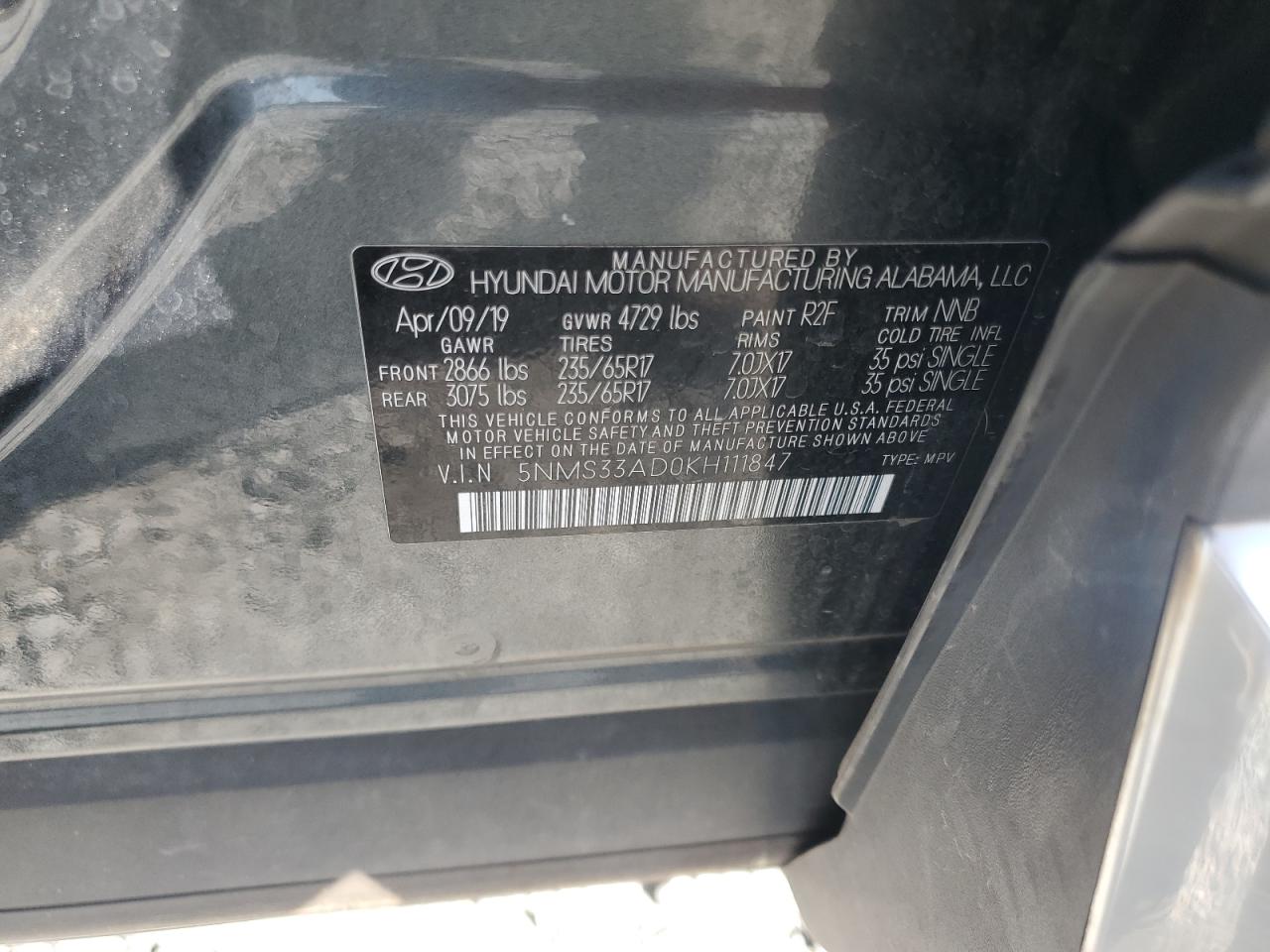 2019 Hyundai Santa Fe Sel VIN: 5NMS33AD0KH111847 Lot: 81559385