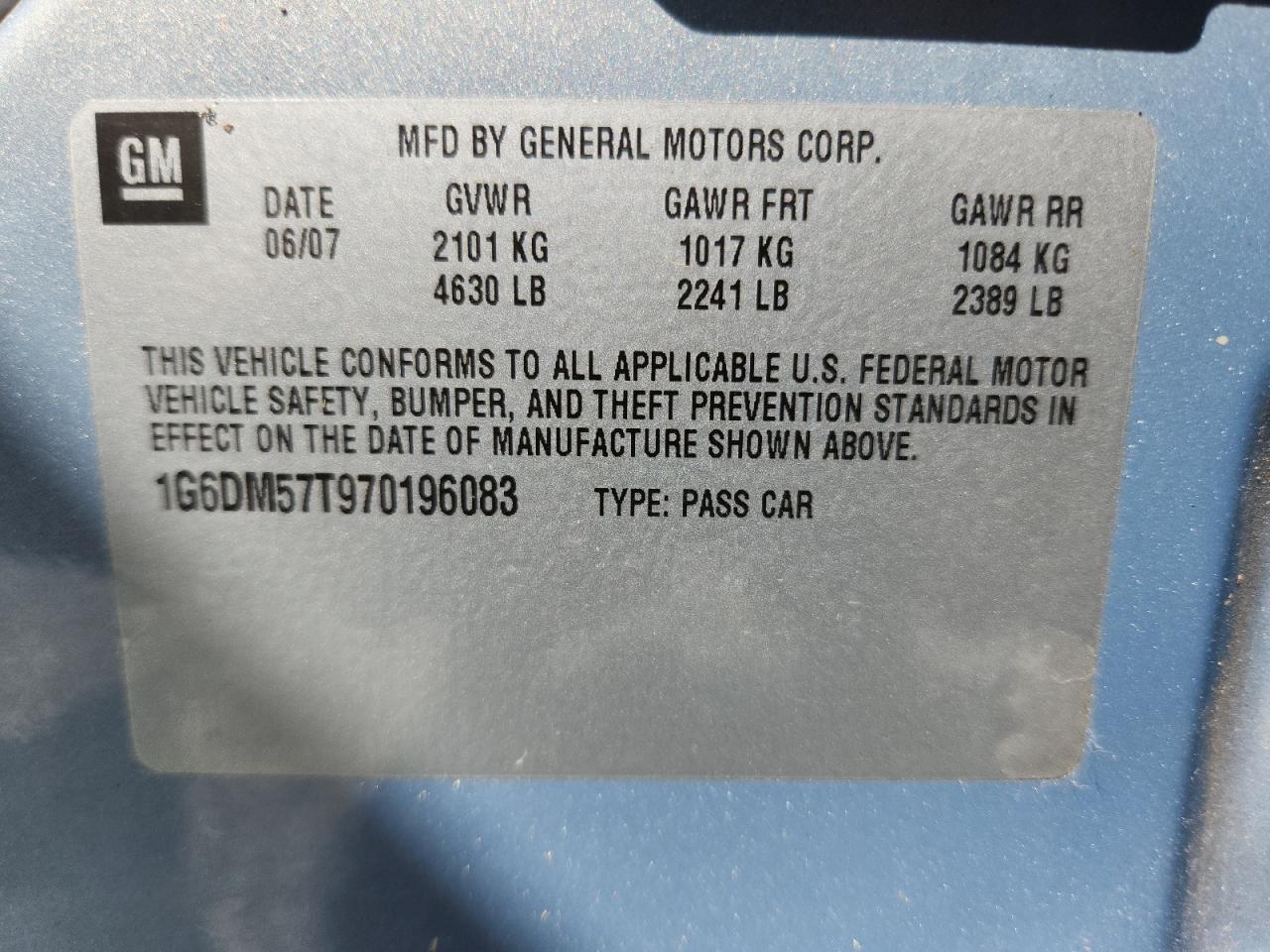 2007 Cadillac Cts VIN: 1G6DM57T970196083 Lot: 81776855