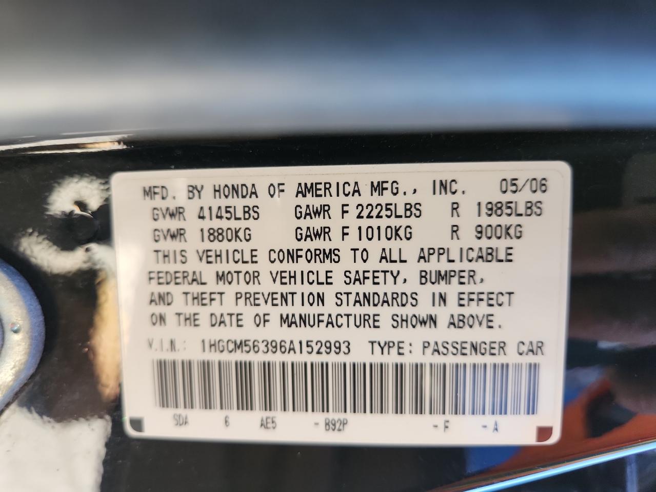 2006 Honda Accord Se VIN: 1HGCM56396A152993 Lot: 84234815