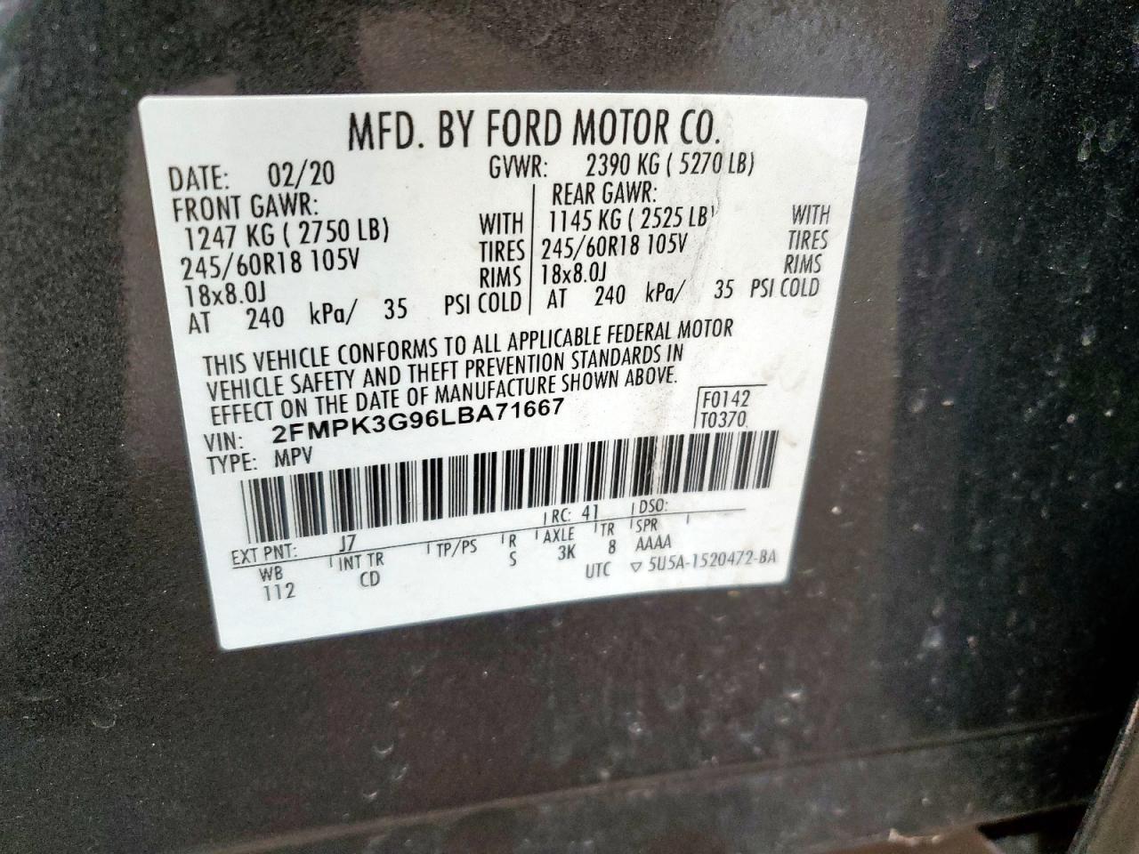 2020 Ford Edge Se VIN: 2FMPK3G96LBA71667 Lot: 72101985