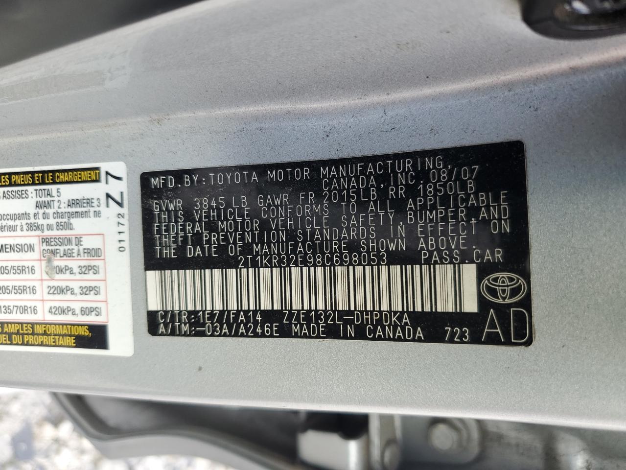2008 Toyota Corolla Matrix Xr VIN: 2T1KR32E98C698053 Lot: 80551015