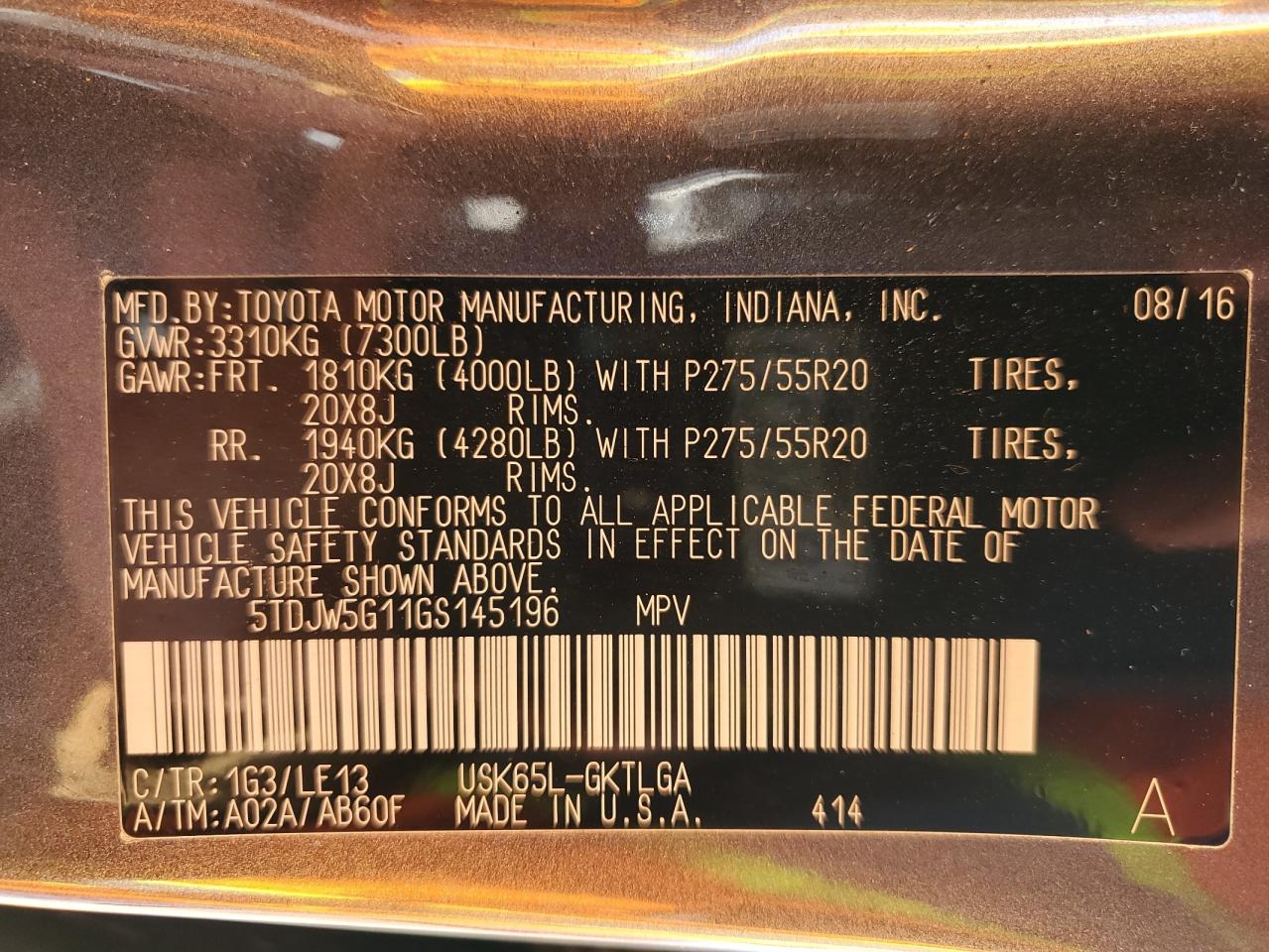 2016 Toyota Sequoia Limited VIN: 5TDJW5G11GS145196 Lot: 71475085