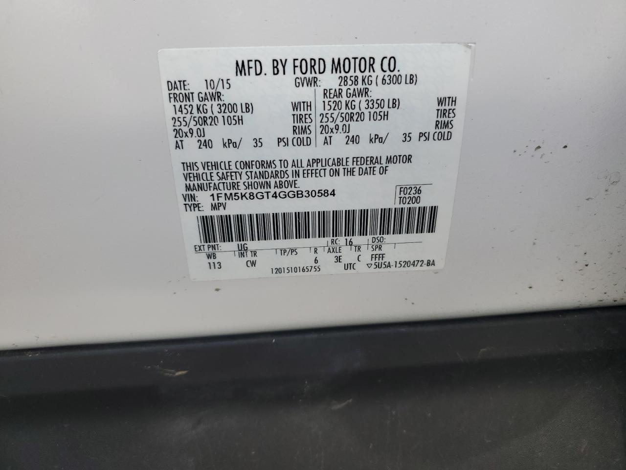 2016 Ford Explorer Sport VIN: 1FM5K8GT4GGB30584 Lot: 80134375